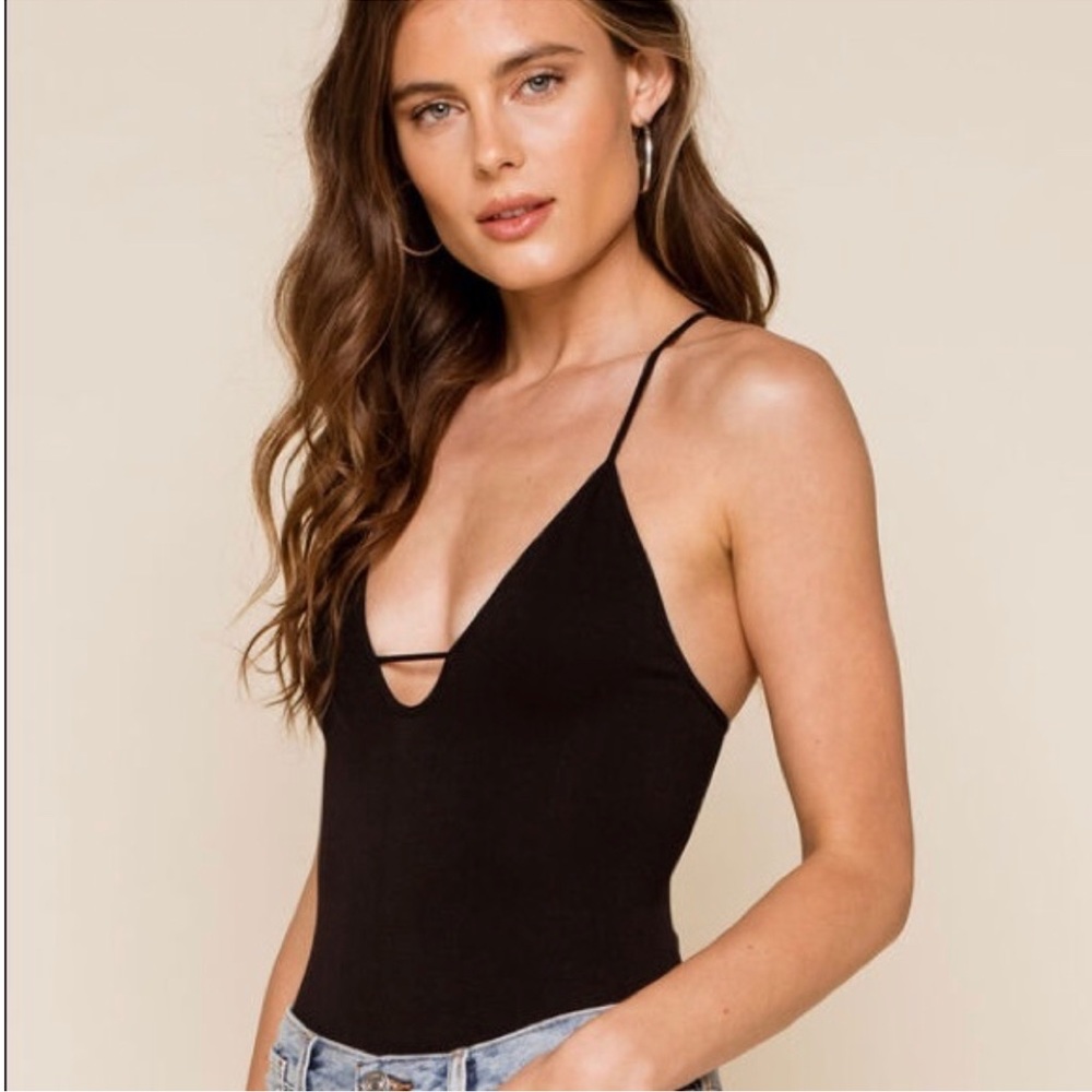 Free People Black Strappy V-Neck Bodysuit